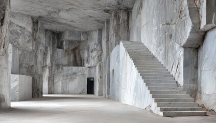 Vast, light-filled marble cavern with stairs