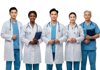 Diverse team of five medical professionals, doctors and nurses, smiling and holding medical charts, isolated on transparent background