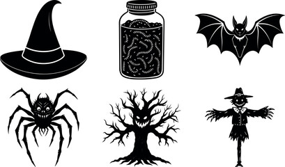 Halloween Vector Illustration Set Witch Hat Jar Bat Spider Tree Scarecrow