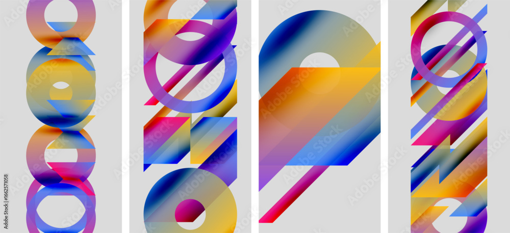 Poster abstract artwork features colorful overlapping shapes. gradient hues blend, creating dynamic visual 