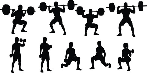 Silhouette of men and women weightlifting, dumbbell exercise, barbell squat, gym training, fitness workout, bodybuilding poses, strength training illustration