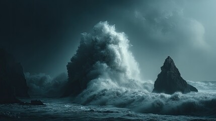 Powerful waves crashing against dark rocks under stormy sky