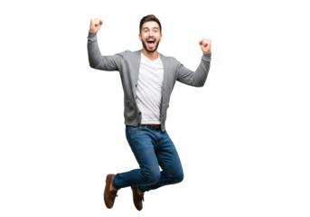 Excited caucasian man jumping for joy and celebrating success, isolated on transparent background