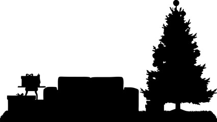 Obraz premium Silhouette of christmas tree with ornaments presents and sofa against a white background holiday scene design