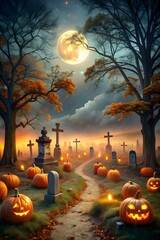 3d icon of a spooky halloween night in a cemetery with glowing jackolanterns, tombstones, and bare trees under a full moon