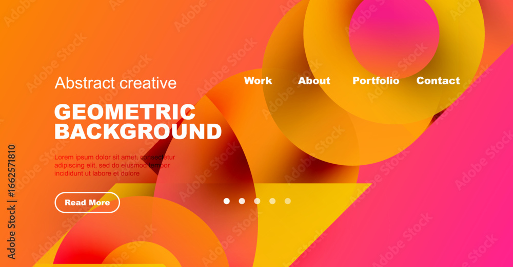 Poster abstract vibrant design features overlapping shapes, text elements, navigation menu. warm colors dom