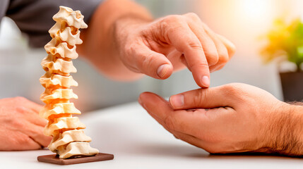 A close-up of a doctor's or physical therapist's hands interacting with a human spine model on a table, with a patient's hand in the foreground.