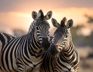 Naklejka premium Two zebras close together at sunrise