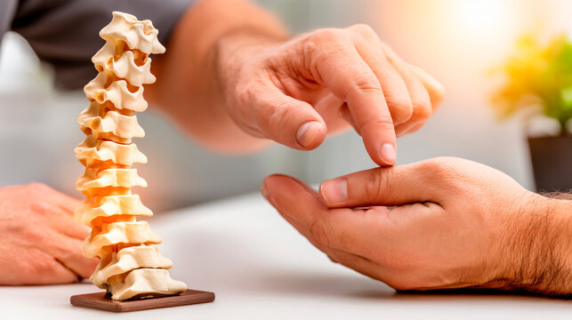 A close-up of a doctor's or physical therapist's hands interacting with a human spine model on a table, with a patient's hand in the foreground.