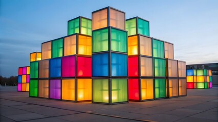 Illuminated Cubic Sculpture Mesmerizing Display of Colors and Geometry at Dusk Public Art Installation Striking Visual Art Landmark