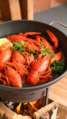 Crayfish cooked in a pan over a fire
