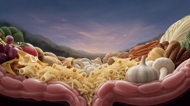 Panoramic digestive system view filled with healthy food including vegetables, pasta, nuts, and garlic symbolizing nutrition and digestion twilight