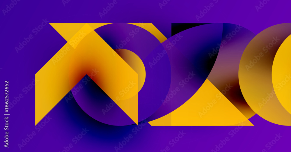 Poster abstract shapes overlap, creating dynamic visual effect. purple, orange hues dominate composition. m