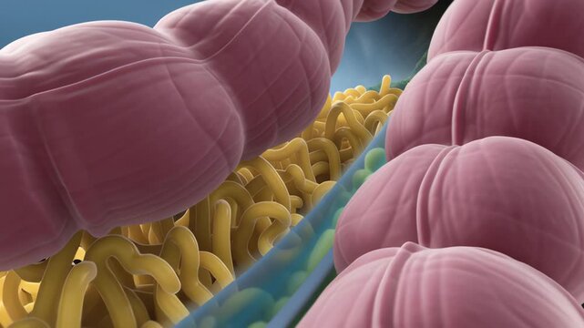 Panoramic view of digestive system with small and large intestine showing nutrient absorption and internal flow in detailed medical illustration