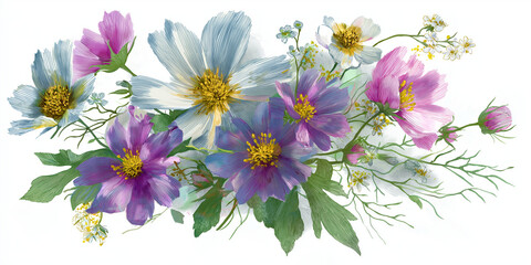 pencil drawing of bouquet of wildflowers, isolated on white background