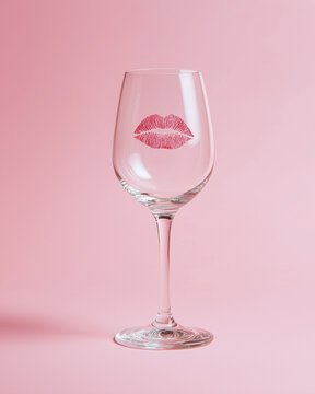 Single elegant wine glass with a playful lipstick mark, soft pastel background