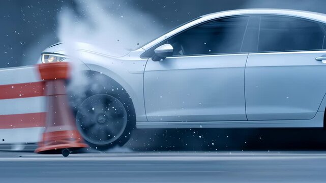 Silver vehicle car crash impact with tire skidding near barrier showing safety test, motion blur, fast speed, and dynamic tire spinning effects
