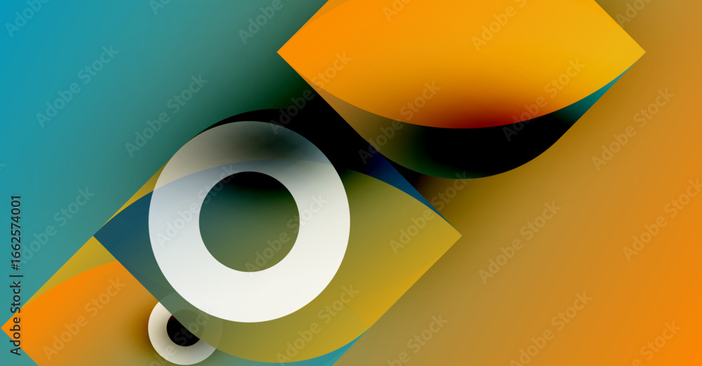 Poster abstract composition featuring overlapping geometric shapes. orange, yellow, teal hues create dynami