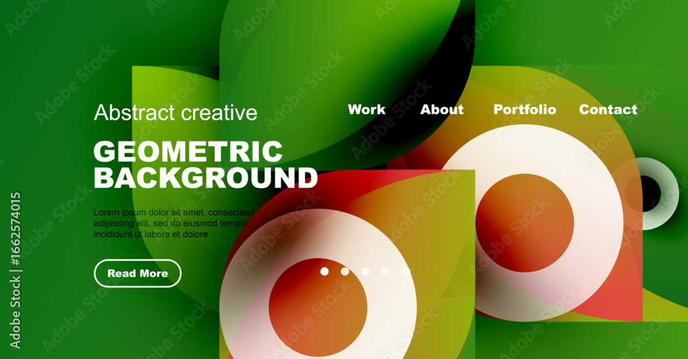 Poster abstract geometric background features vibrant colors, overlapping shapes, text elements, navigation