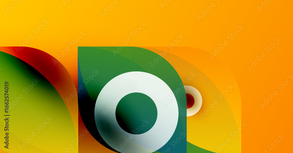 Poster abstract design features vibrant overlapping shapes, including leaf forms, plus circular element. co