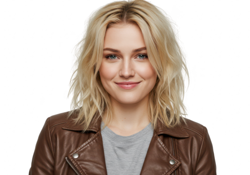 Young woman with blonde messy hair and leather jacket smiling, isolated on transparent background