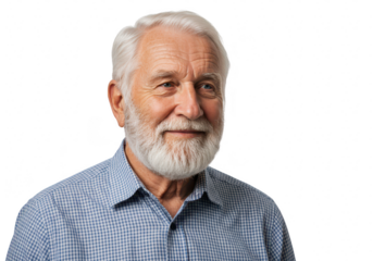Portrait of a smiling elderly man with a white beard and hair, wearing a blue checked shirt, isolated on transparent background