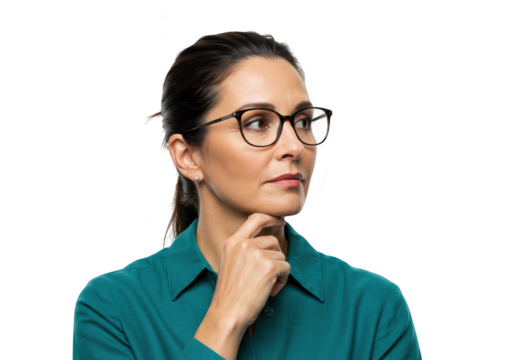 Portrait of a thoughtful woman wearing glasses and a teal shirt, with her hand on her chin, isolated on transparent background
