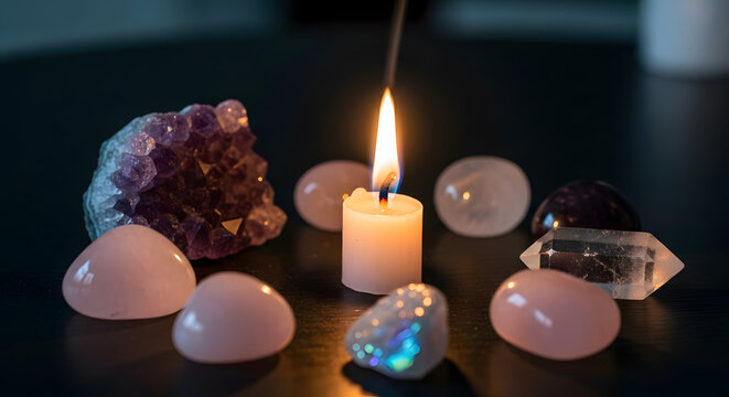 A candle surrounded by various crystals including amethyst rose quartz and clear quartz on a dark surface - Powered by Adobe