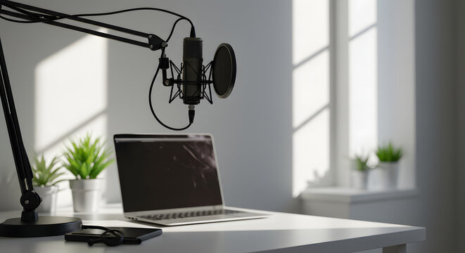 Modern content creator workspace with a professional microphone for broadcasting in a sunlit home studio