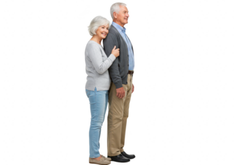 Happy senior couple standing together, woman leaning on mans shoulder isolated on transparent background