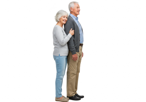 Happy senior couple standing together, woman leaning on mans shoulder isolated on transparent background