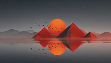 Sunrise over a mirrored pyramid island