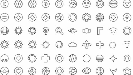 Compilation of various outlined geometric symbols and shapes arranged in a rectangular grid pattern design