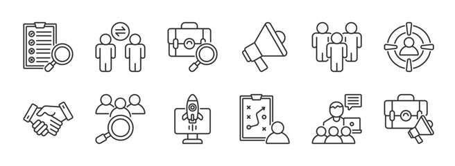 Recruitment Vector Icon Set. HR, hiring, resume, candidate, interview, career, job, employee, talent, team, selection, search icons. EPS 10