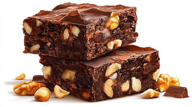 Stacked chocolate walnut brownies, tempting, moist, glossy, and rich in color