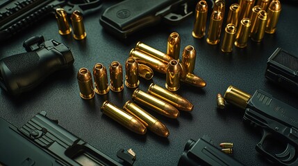 Top view of multiple brass bullet shells on black gradient surface, surrounded by handguns and rifles, cinematic military look