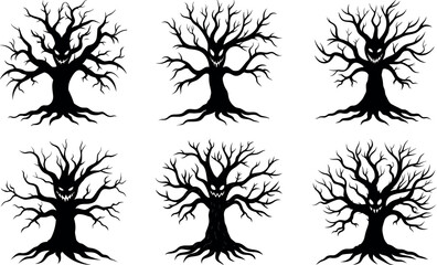 Spooky Trees with Faces Silhouettes for Halloween or Horror Designs