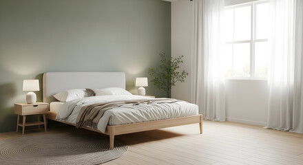 Bedroom interior with a bed, bedside table, lamps, plant, rug, and bright window with curtains