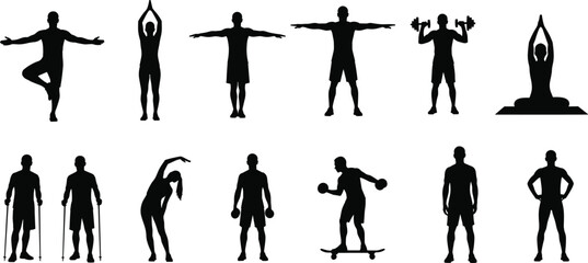 Silhouettes of people doing fitness, yoga, stretching, weightlifting, sports activity, home workout, health lifestyle, exercise poses, isolated illustration