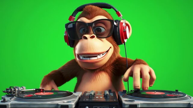 3D Cartoon Monkey DJ Mixing Music on Turntables with Headphones Green Screen