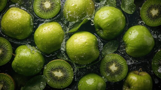 Vibrant green apples and kiwi in water splash, refreshing healthy food concept