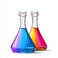 Two conical flasks, one filled with a vibrant blue liquid, the other with an orange-red liquid, sit on a plain white background. Clear glass, capped bottles with wide necks. 