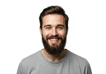 Fototapeta premium Young professional man with beard smiling confidently, wearing a grey tshirt, isolated on transparent background