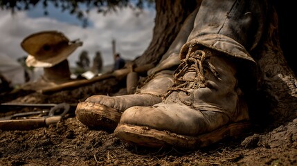 low-angle shot of a tired farm worker’s feet in worn boots, resting under a tree, face hidden by a hat, dry soil and tools nearby, evokes exhaustion and sacrifice, 