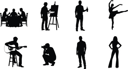 Silhouettes of people performing various lifestyle, creative, artistic, and leisure activities including dancing, painting, photography, music, modeling, and dining.