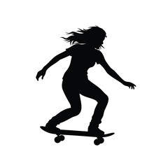 Obraz premium Black silhouette of a young woman skateboarding with wind blowing through her hair, a woman riding skateboard silhouette vector illustration