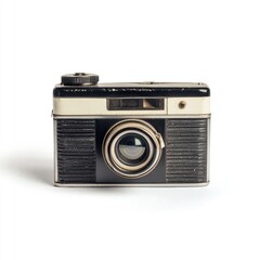Vintage compact camera, front view, isolated on white