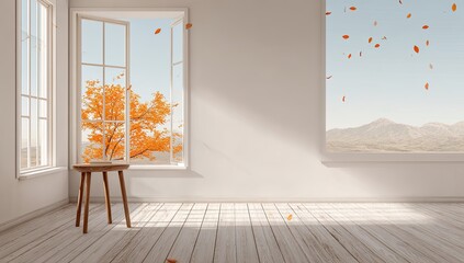 Autumnal room with open window, falling leaves