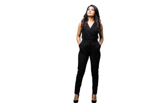 A stylish woman in a black jumpsuit posing with hands in pockets, looking up, isolated on a transparent background - Powered by Adobe