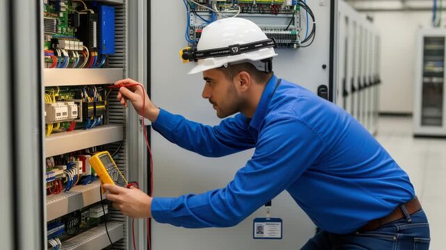 An electrician wearing a hard hat with a headlamp is testing electrical equipment with a multimeter in a server room